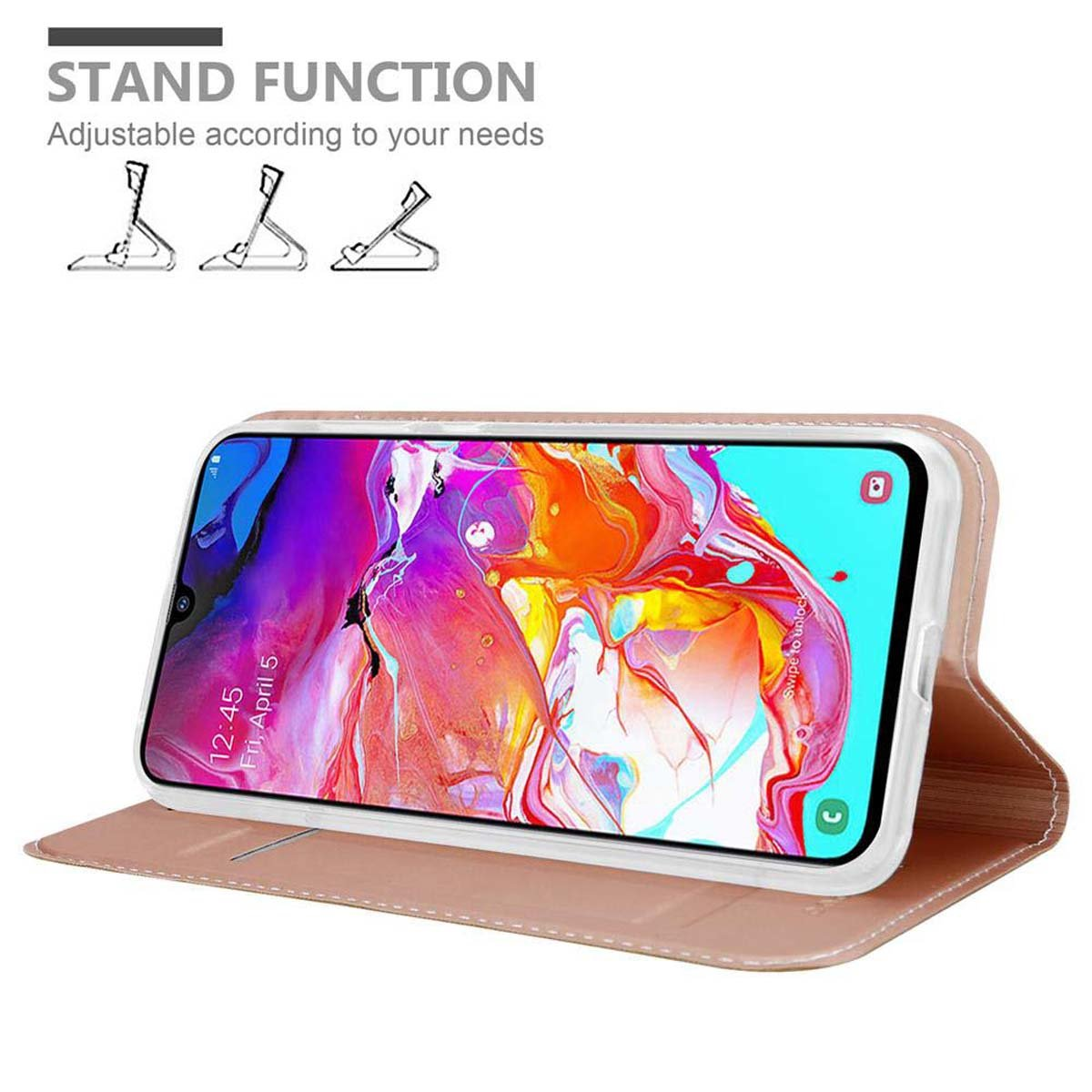 Un telefono all'interno di una custodia rosa, aperto con schermo. Testo: Funzione supporto, regolabile. Lo schermo mostra l'ora.