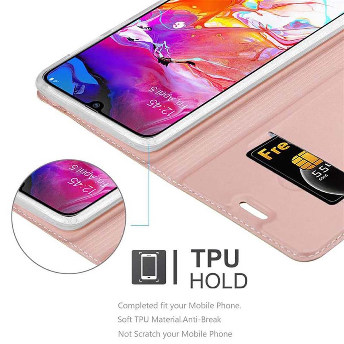 Una custodia rosa per telefono con schermo che mostra l'ora. Una scheda SIM è all'interno.