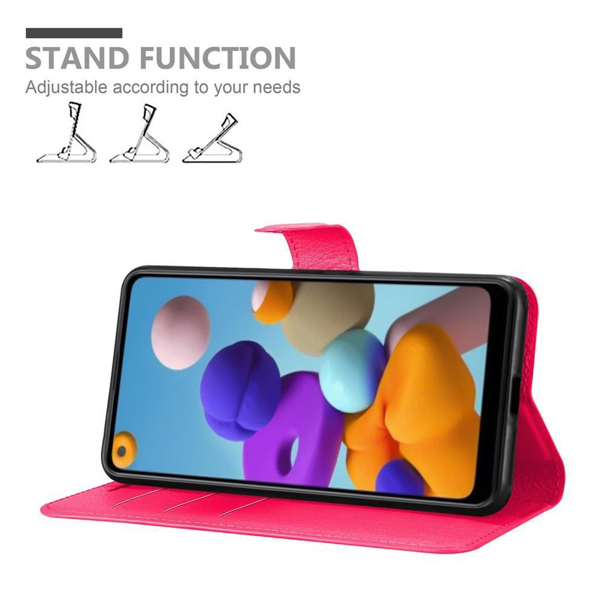 Custodia rosa con telefono dentro. Il telefono ha un'immagine astratta colorata sullo schermo.