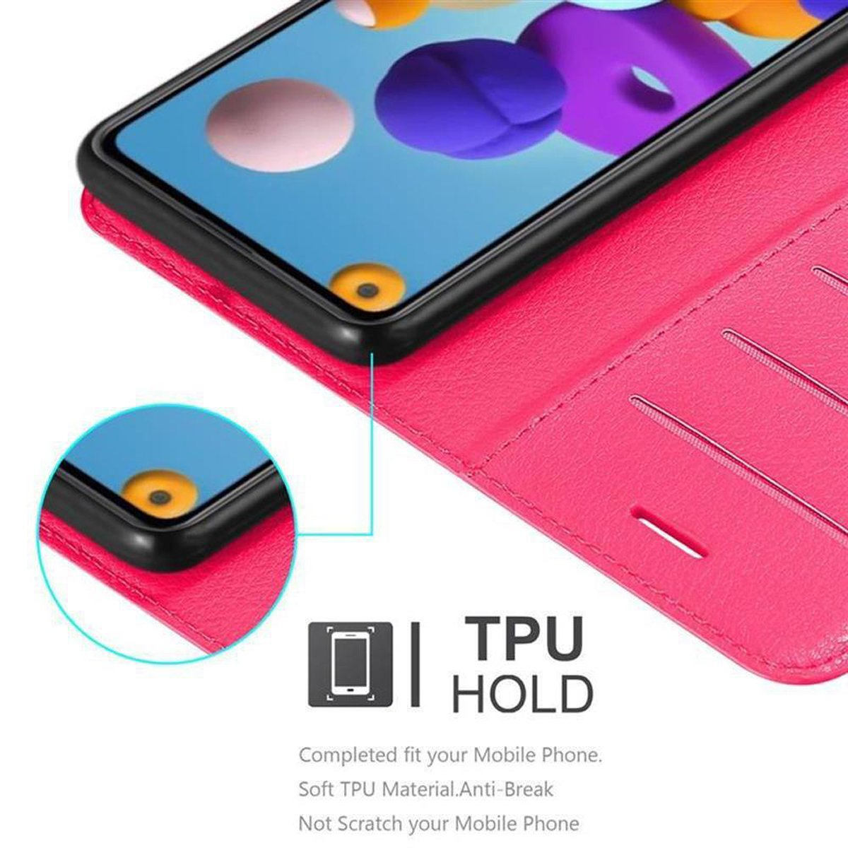 Una custodia rosa per telefono con un telefono nero all'interno, con le parole TPU HOLD.