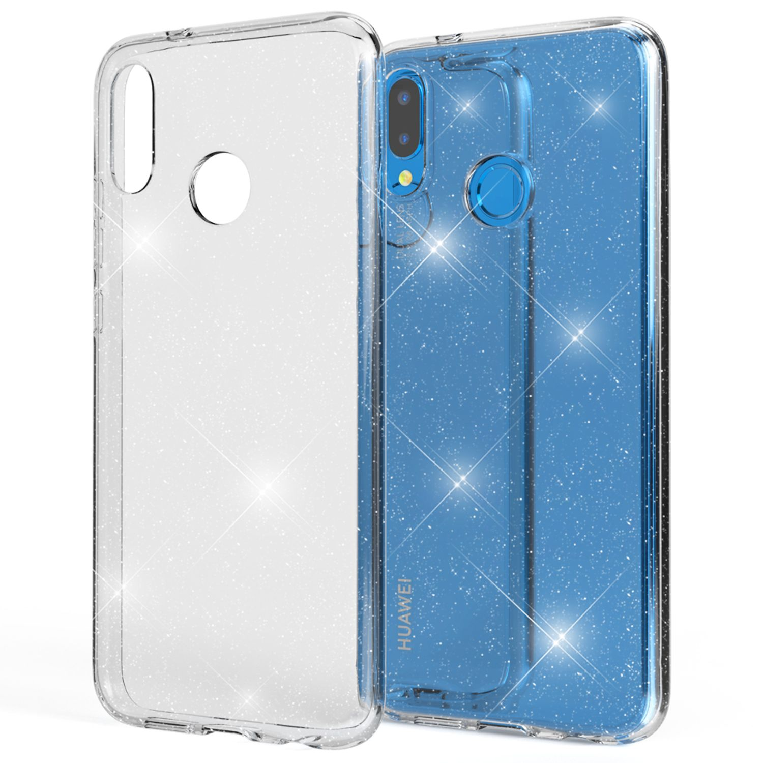 Ein Telefon in einer durchsichtigen, glitzernden Hülle. Die Hülle ist auf einem blauen Telefon.