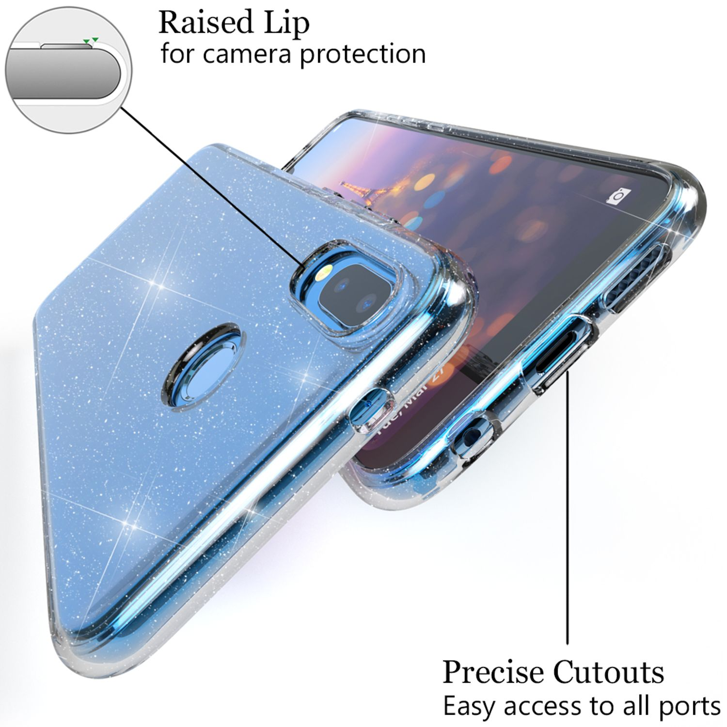 Transparente Handyhülle mit blauem Glitzer. Erhöhter Rand für Kameraschutz und Zugang zu Anschlüssen.