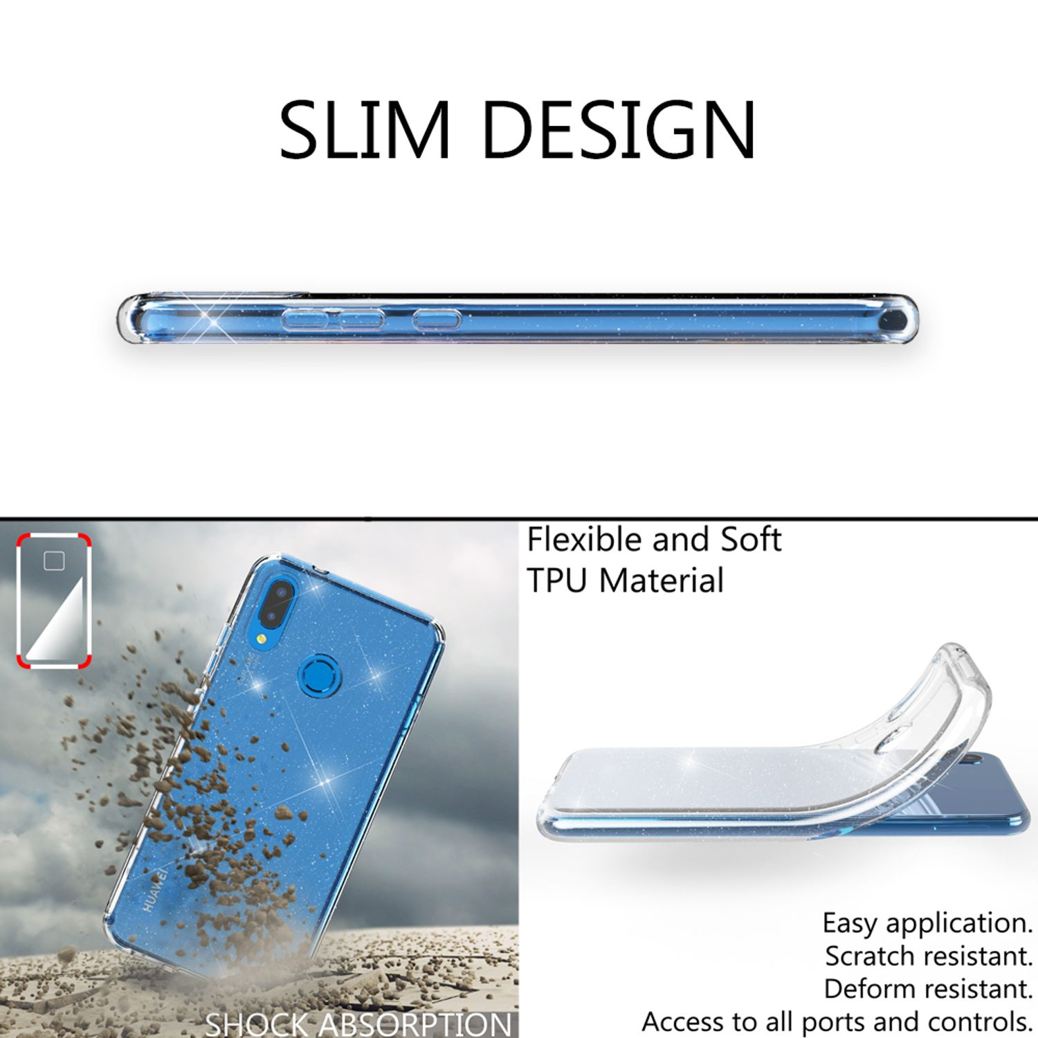 Das Bild zeigt Handyhüllen-Funktionen, einschließlich Stoßabsorption und flexiblem Material.