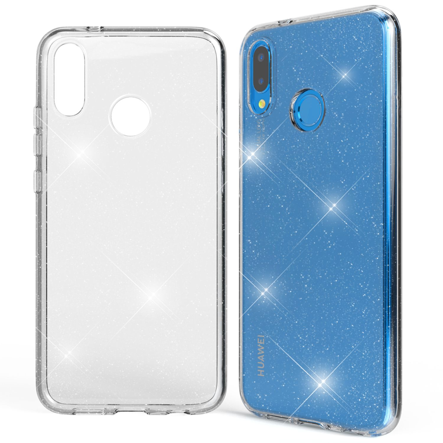 Zwei Handyhüllen, eine transparente und eine blaue Glitzerhülle, werden nebeneinander mit einem Huawei-Logo gezeigt.
