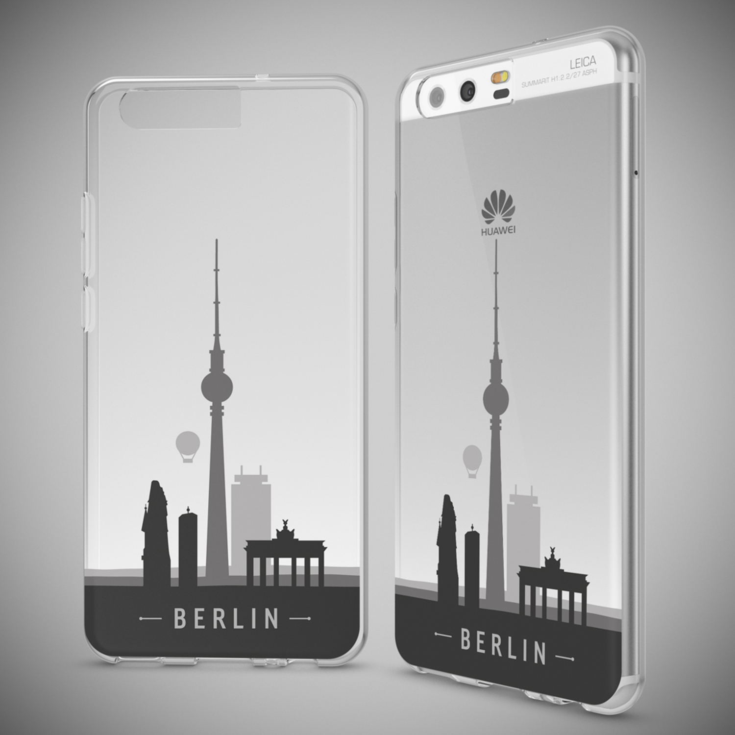 Zwei Telefone, eines mit klarer Hülle, das andere mit Berlin-Skyline-Design auf der Rückseite.