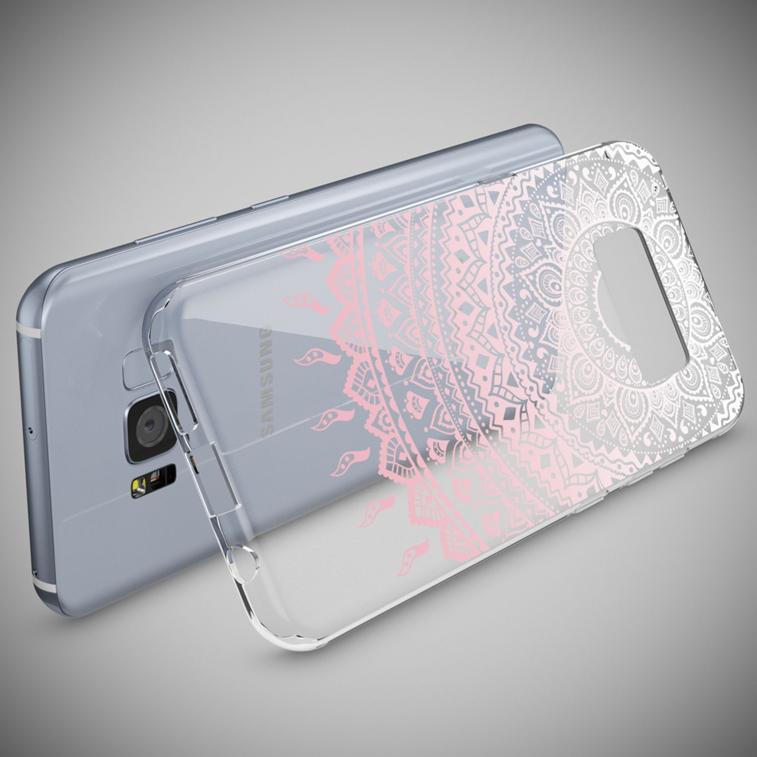 Telefon mit transparenter Hülle mit pink-silbernem Mandala-Design.
