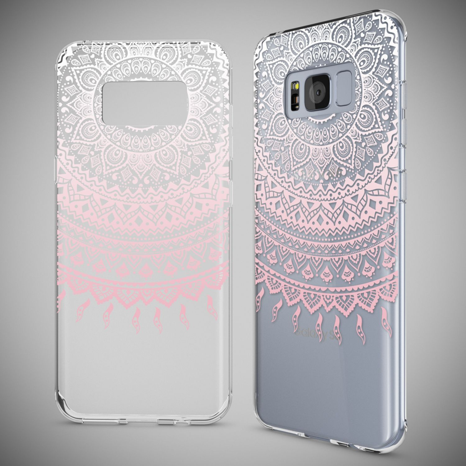 Zwei transparente Handyhüllen mit rosa und weißem Mandala-Design auf grauem Hintergrund.