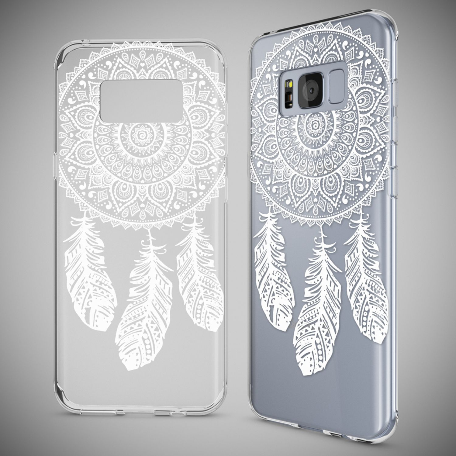 Zwei Handyhüllen mit Traumfänger-Design. Eine ist klar, die andere ist auf einem Telefon.