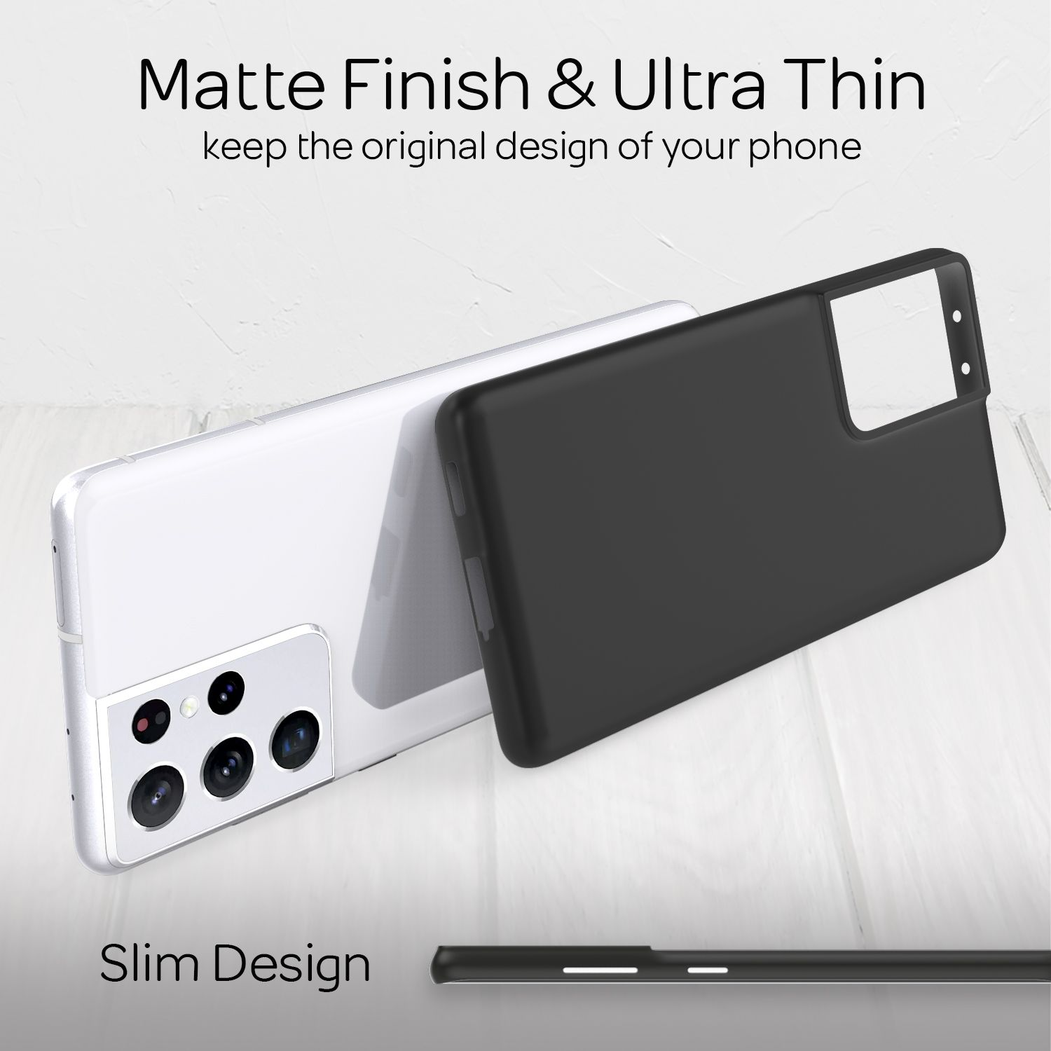 Zwei Telefone, eines weiß, eines schwarz, mit Hüllen und dem Text "Matte Finish & Ultra Thin" und "Slim Design".