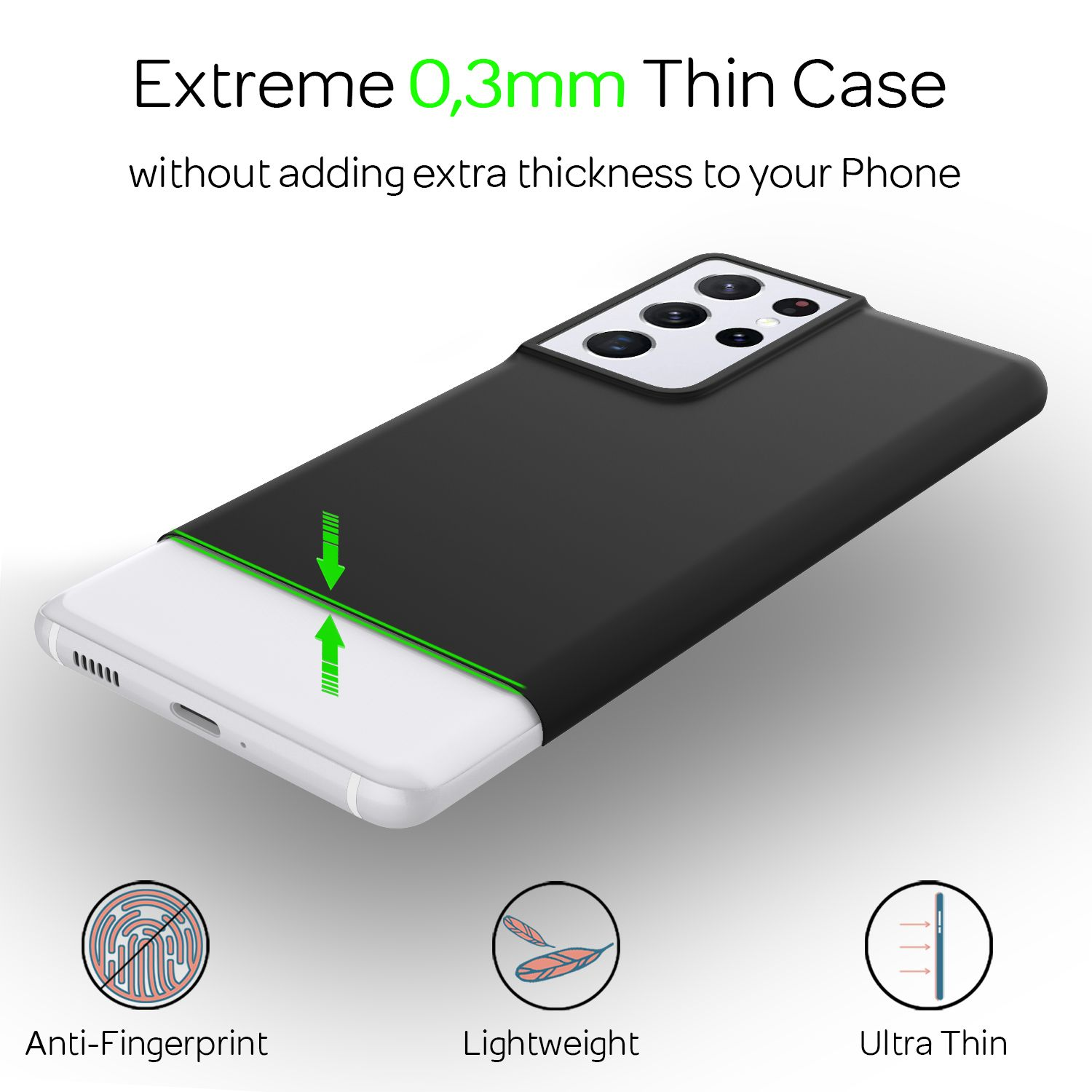 Schwarzes Telefon mit schwarzer Hülle, weißer Hülle. Text: Extrem 0,3 mm dünne Hülle, Anti-Fingerprint, Leichtgewicht, Ultra dünn.