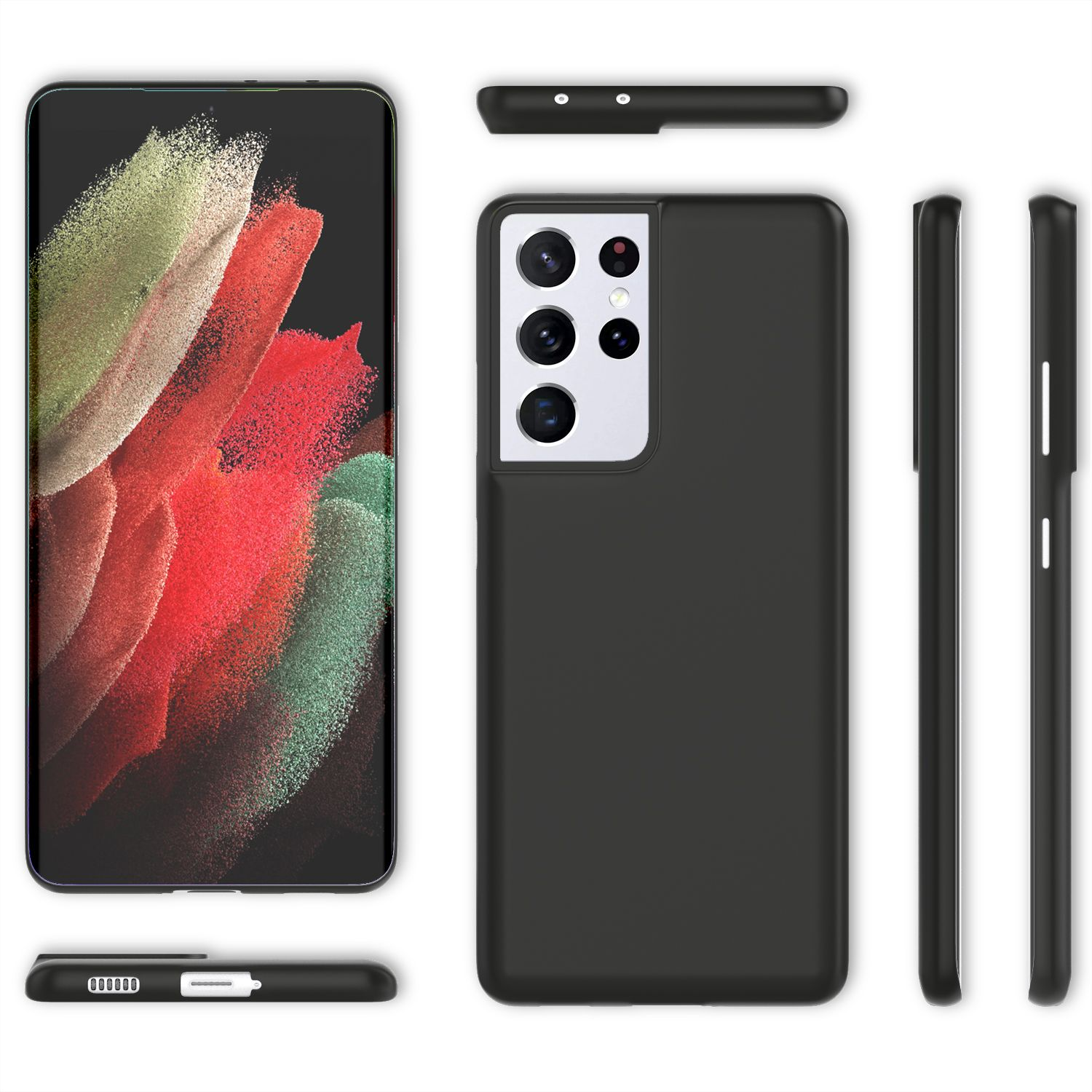 Ein schwarzes Telefon und eine schwarze Handyhülle in verschiedenen Ansichten, auf weißem Grund.