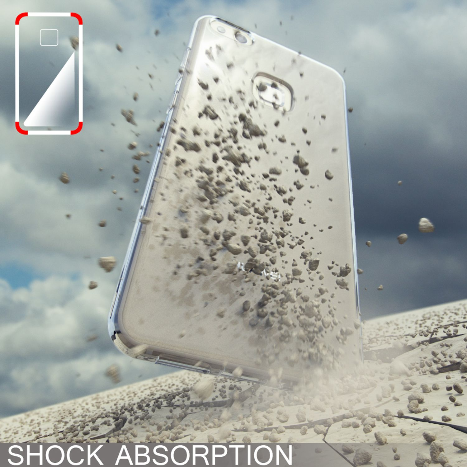 Una funda transparente para teléfono cayendo, con rocas impactando en ella. Mostrando la función de absorción de impactos. Contra un fondo de cielo nublado.