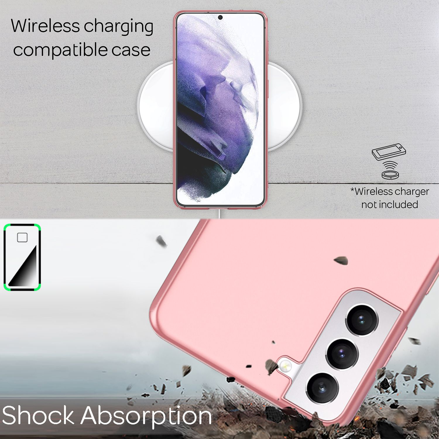 Custodia per telefono rosa su un caricatore wireless. Testo: Custodia compatibile con la ricarica wireless. Assorbimento degli urti.