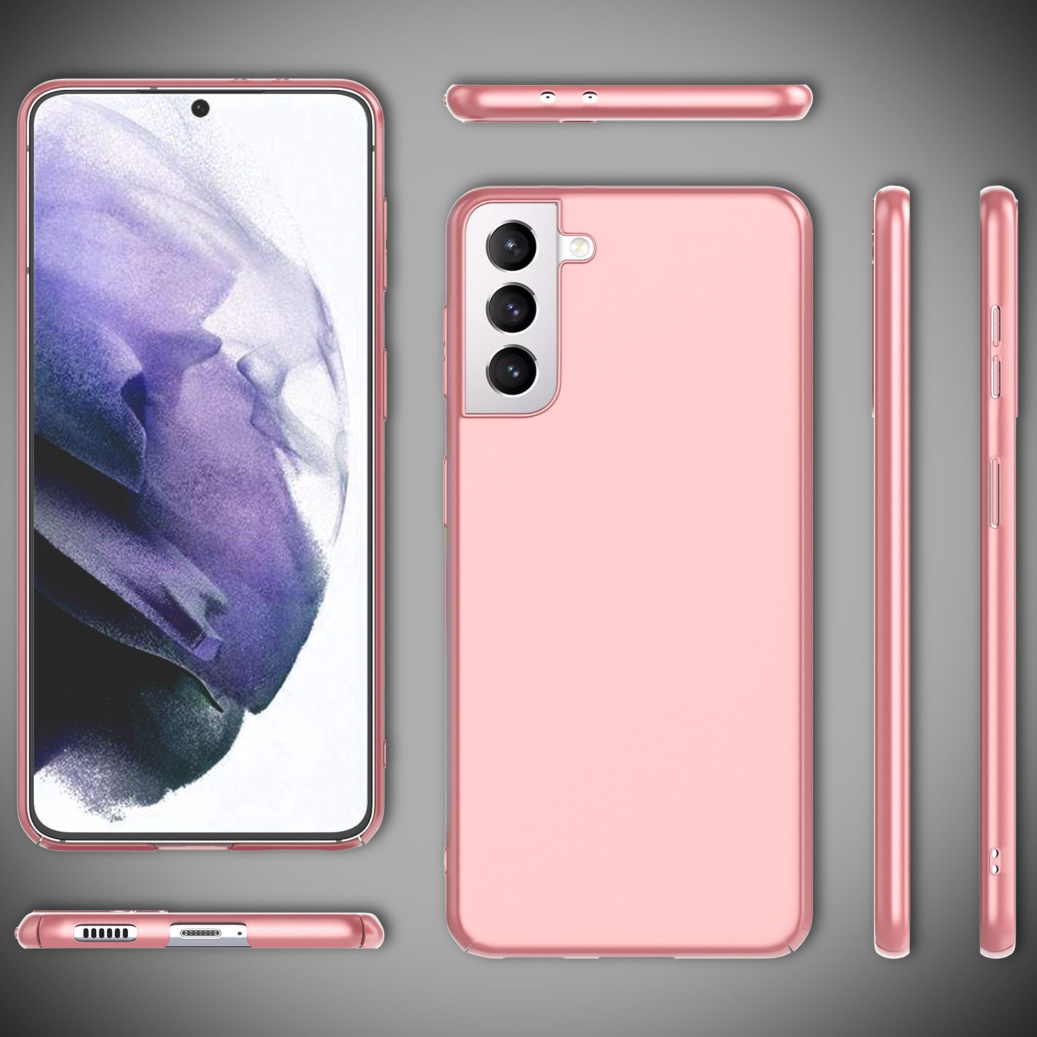 Telefono rosa con custodia visto da più angolazioni. Il rilievo della fotocamera è visibile. Sfondo grigio.