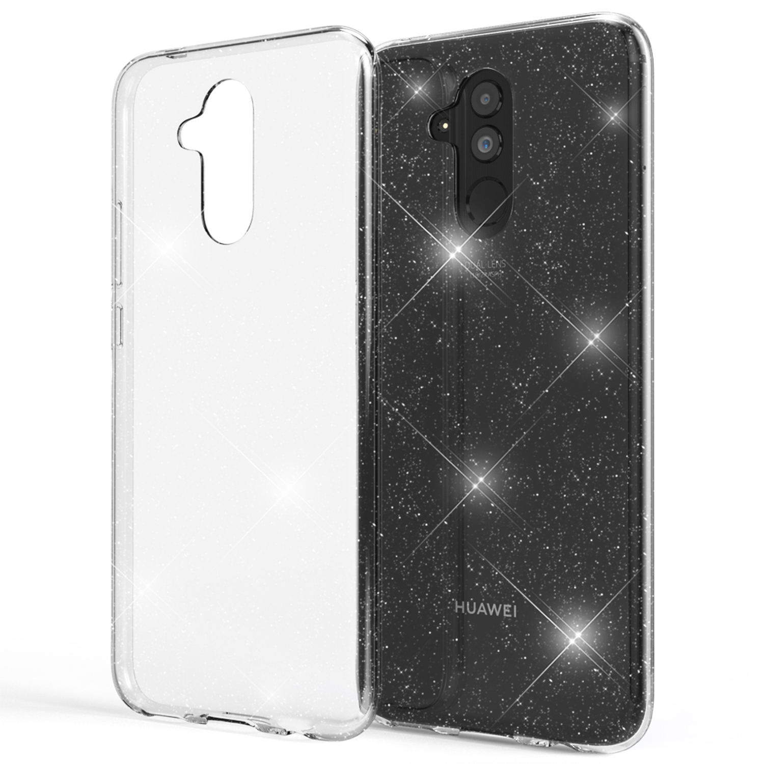 Schwarze Glitzer-Handyhülle mit einem Telefon, das einen sternenklaren, glitzernden Hintergrund zeigt.