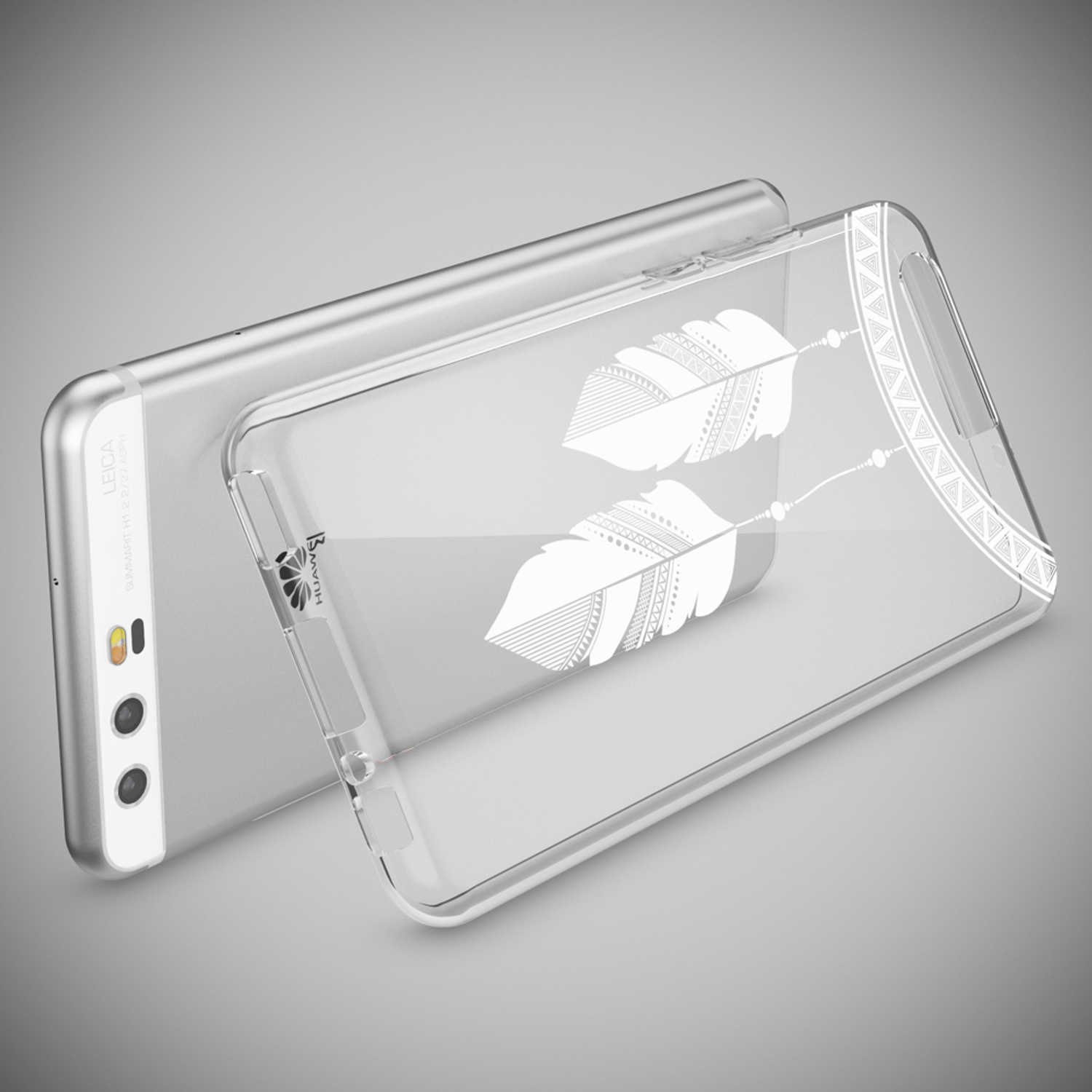 Ein Telefon in einer transparenten Hülle mit weißem Federdesign. Der Hintergrund ist ein silbernes Telefon.