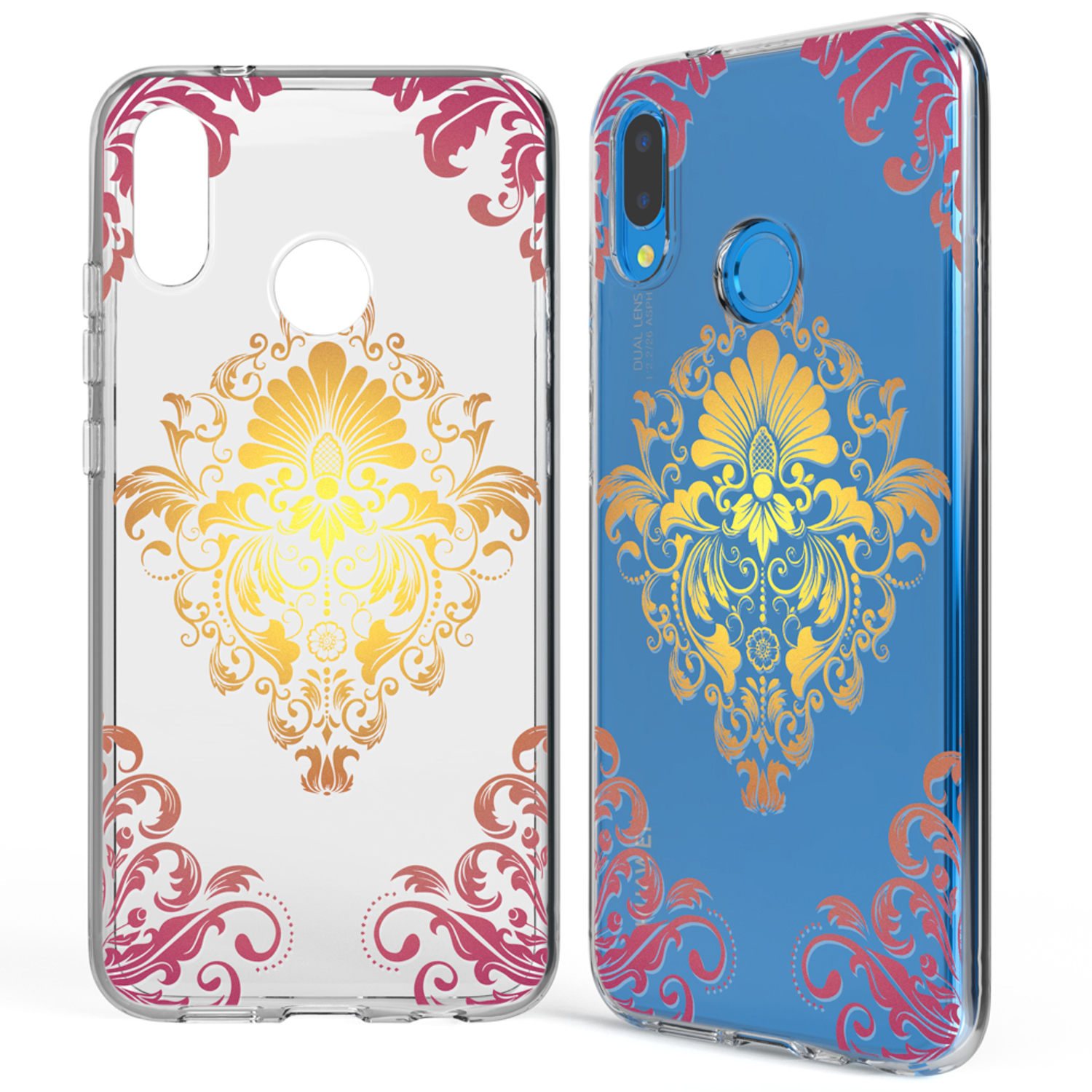 Deux coques de téléphone : une transparente avec un motif floral rose et doré, et une bleue avec un motif floral doré.
