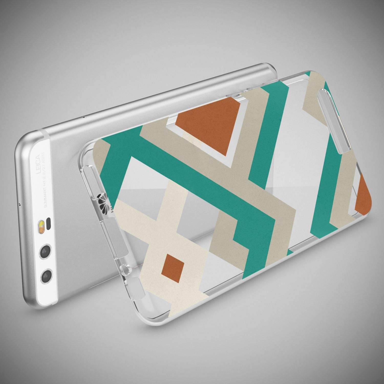 Un téléphone dans une coque transparente avec un motif géométrique. Le fond est gris. Le téléphone est à gauche.