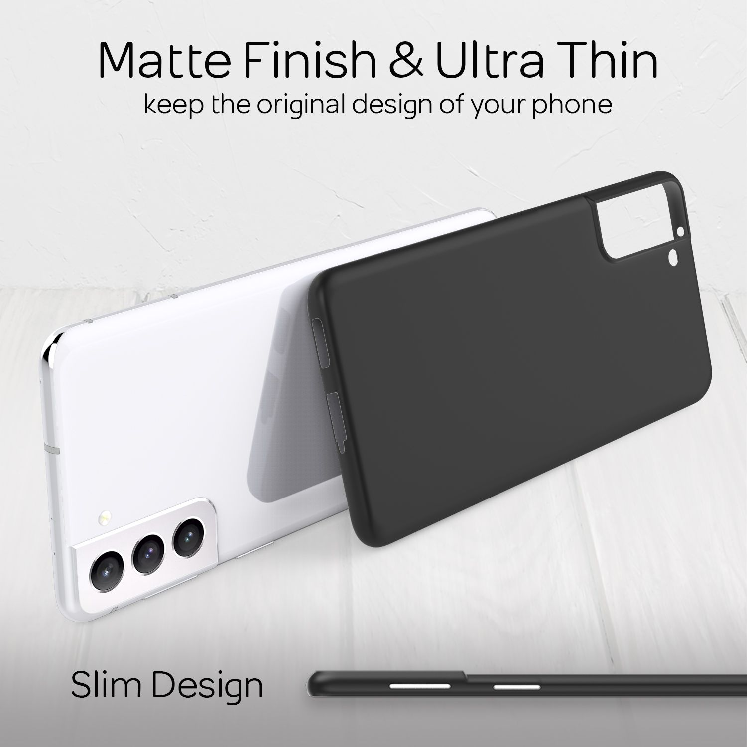 Schwarze Handyhülle auf einem weißen Telefon. Text: Mattes Finish & Ultra dünn, schlankes Design.