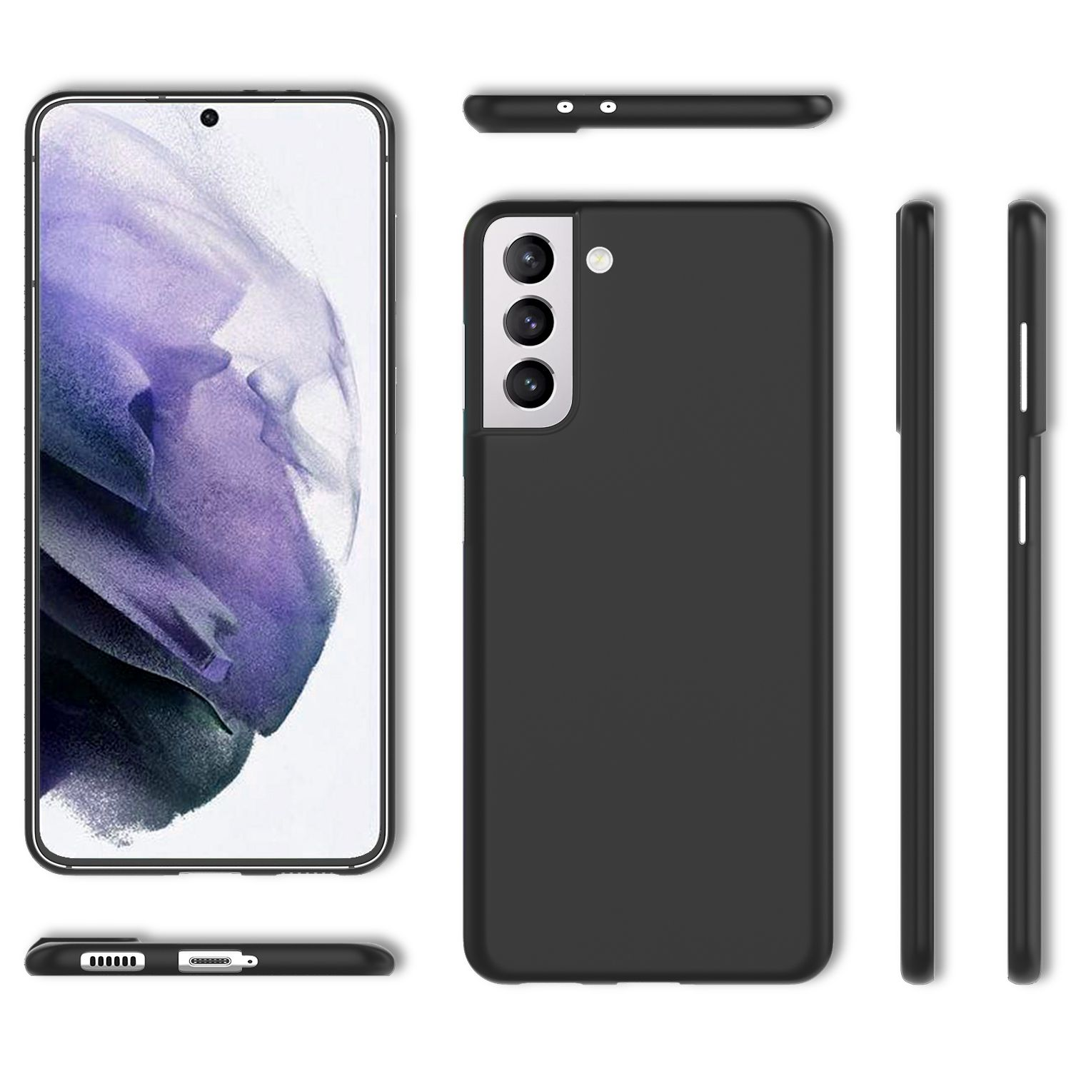 Ein schwarzes Telefon mit einer schwarzen Handyhülle, das den Bildschirm und die Seitenansichten zeigt.