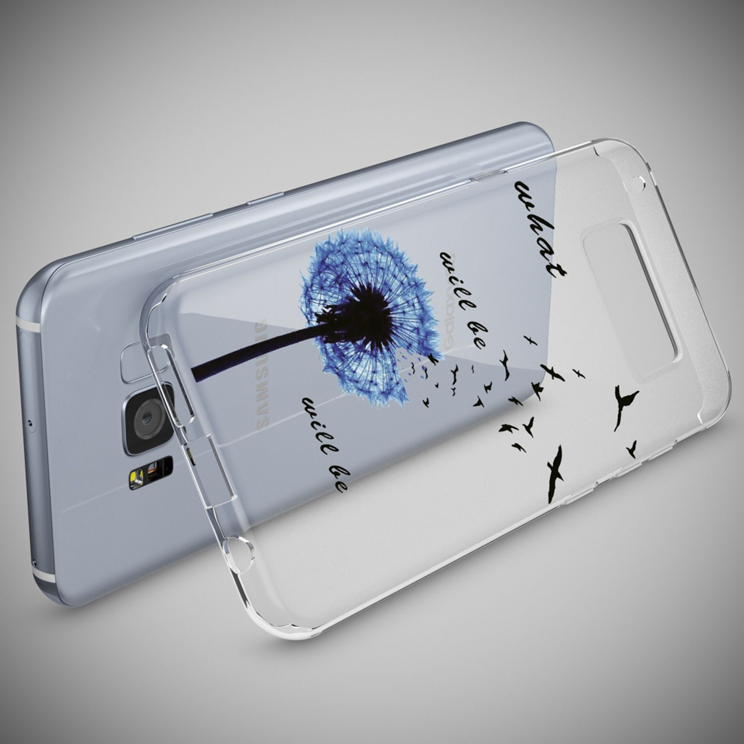 Ein Telefon mit einer transparenten Hülle. Die Hülle hat ein Pusteblumendesign mit dem Text: „was sein wird“.