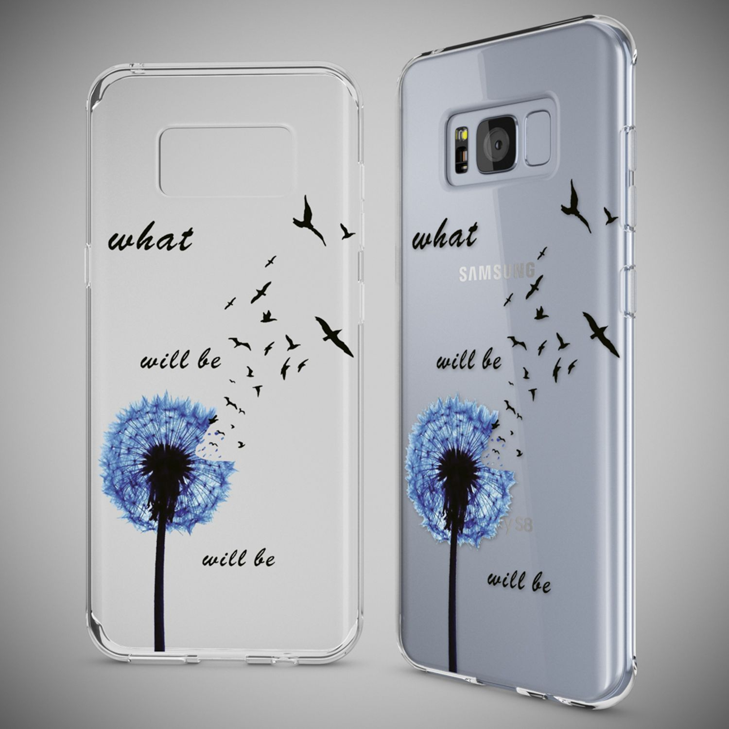 Handyhüllen mit Löwenzahndesign; eine Hülle befindet sich auf einem Telefon.