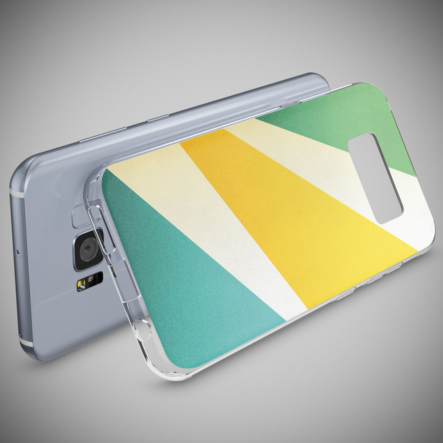 Telefon mit transparenter Hülle. Hülle hat grüne, gelbe und weiße Streifen. Telefon ist gold.