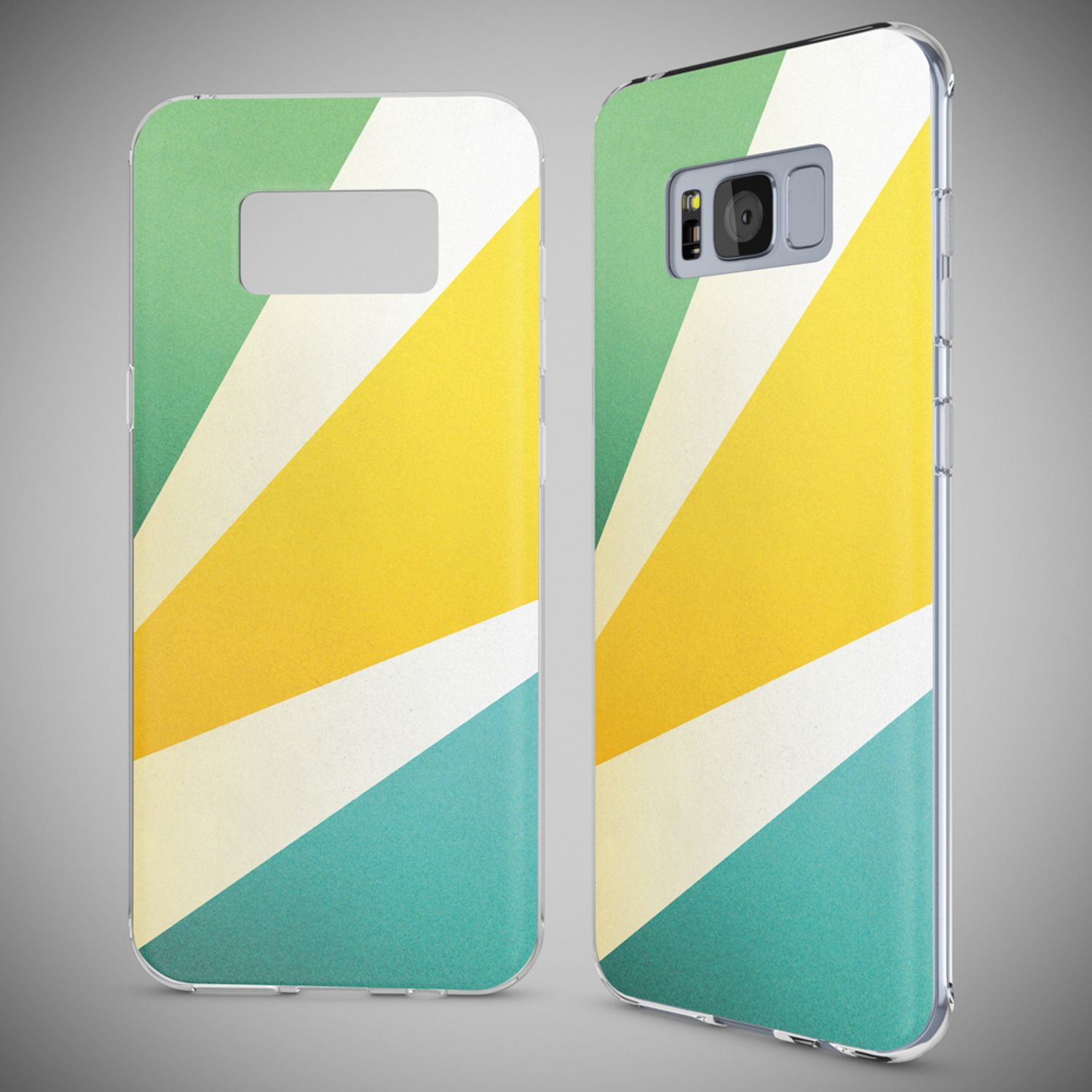 Handyhülle mit diagonalen Streifen: gelb, grün und türkis. Sichtbares Telefon rechts.
