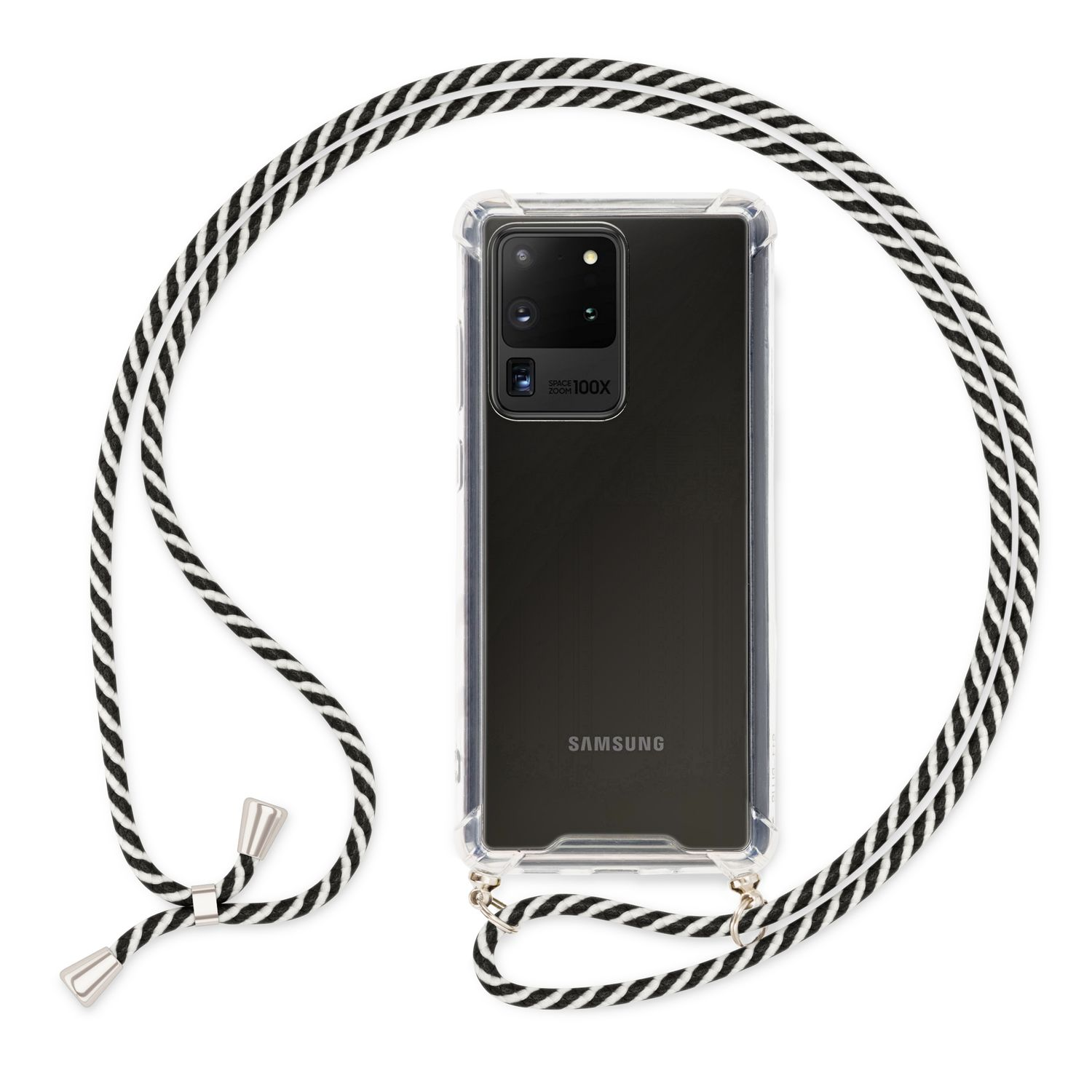Schwarz-weiß geflochtener Telefonriemen. Das Telefon befindet sich in einer durchsichtigen Hülle. Weißer Hintergrund.