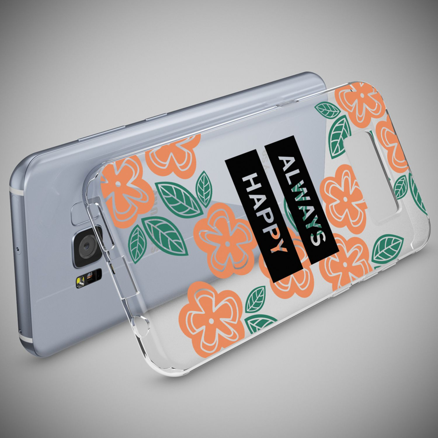 Ein Telefon mit einer durchsichtigen Hülle, orangefarbenem Blumendesign und den Worten 'ALWAYS HAPPY' auf schwarzen Balken.