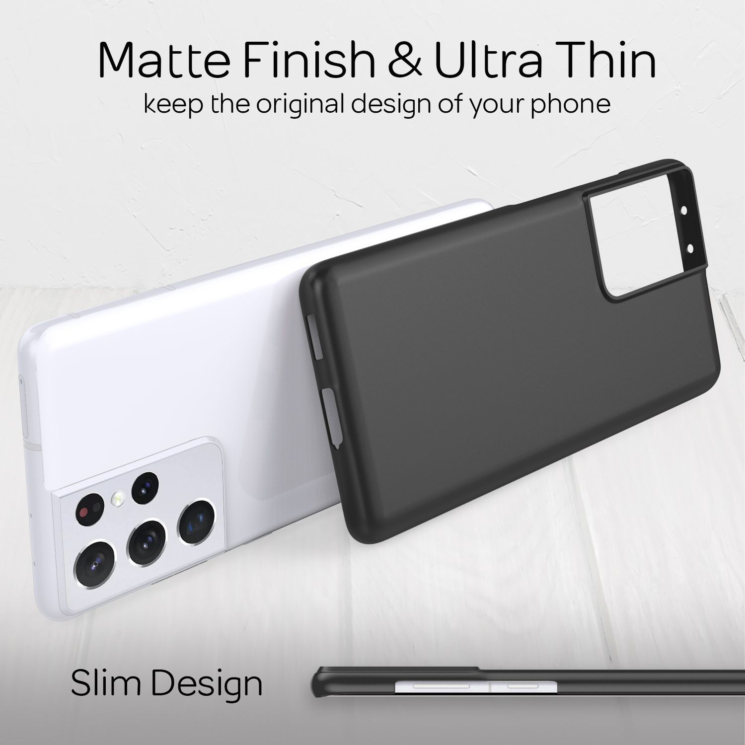 Telefon mit mattschwarzer Hülle. Die Hülle hat eine weiße Rückseite. Text: Mattes Finish & Ultra dünn, schlankes Design.