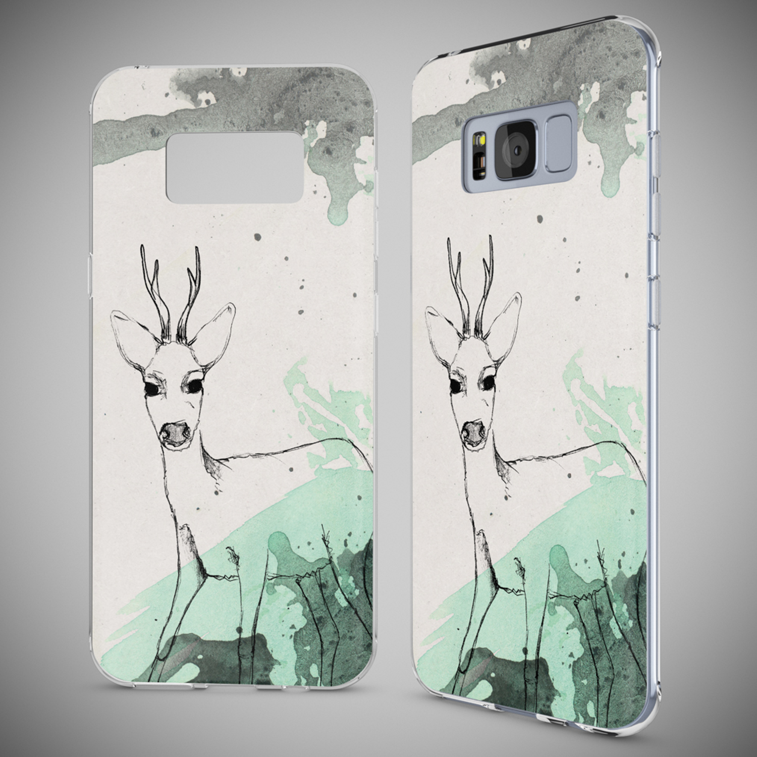 Funda de teléfono con un boceto de ciervo y fondo de acuarela en gris y verde azulado.