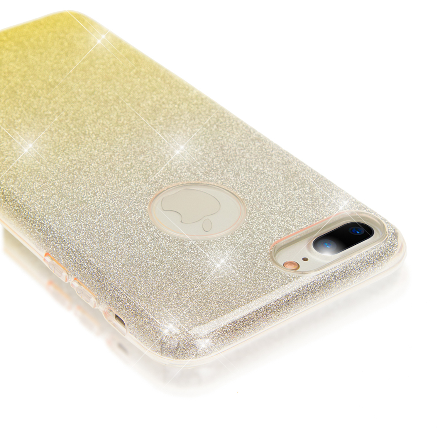 Handyhülle mit glitzerndem Farbverlauf. Telefon hat Kamera und einen rosa Kreis.