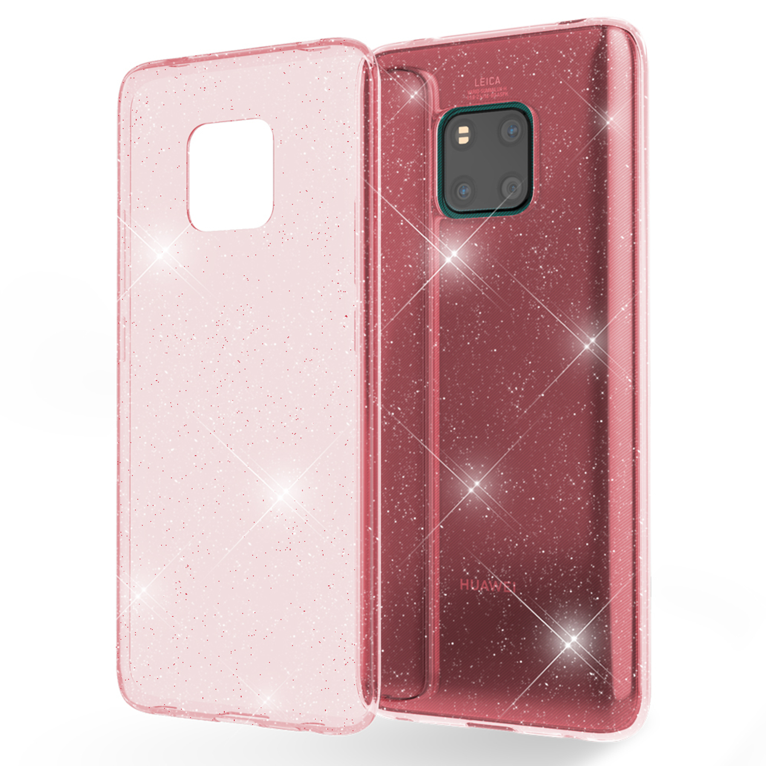 Eine rosa glitzernde Handyhülle und das Telefon mit einem glitzernden Bildschirm und einer Kamera.