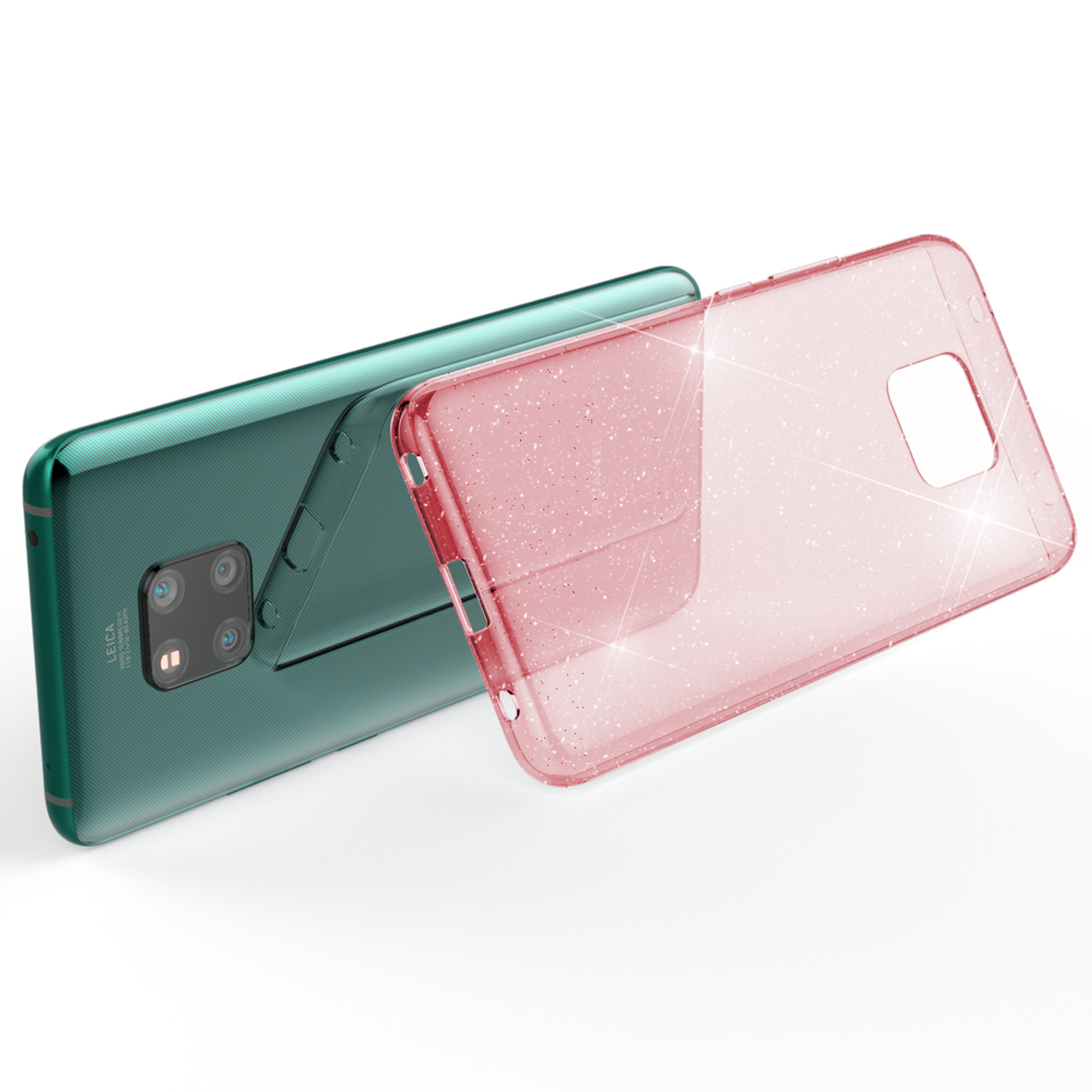 Zwei Handyhüllen. Eine grün und eine rosa. Die rosa Hülle ist transparent und glitzernd. Beide Hüllen sind offen.