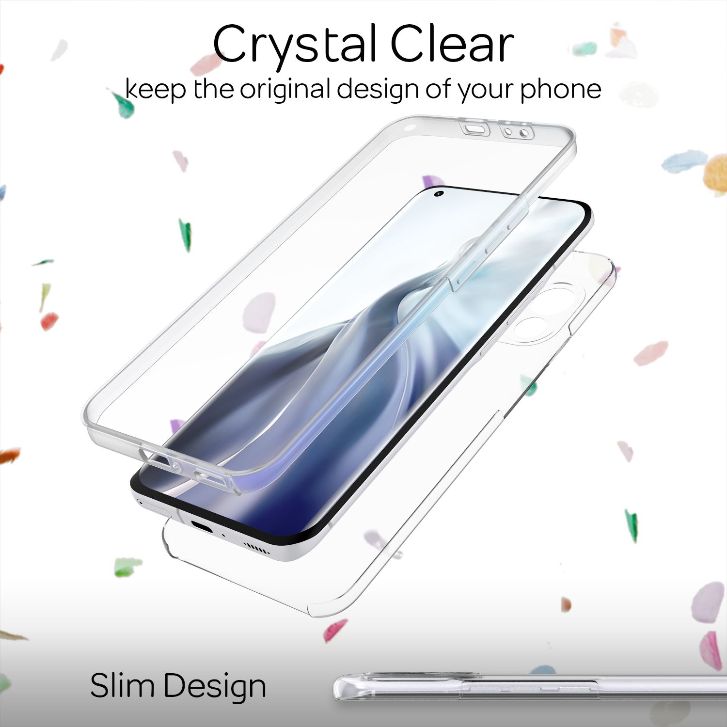 Ein Telefon mit einer transparenten Hülle, der Text "Crystal Clear" und "Slim Design" sind sichtbar.