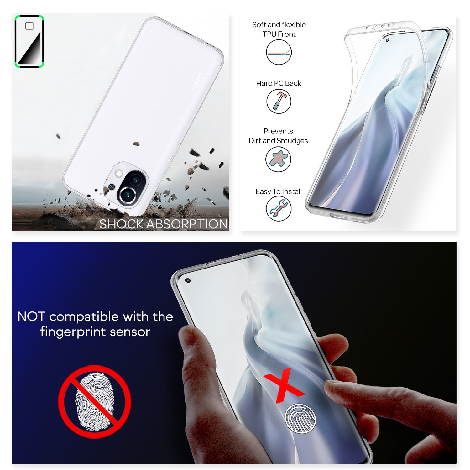 Handyhülle mit durchsichtiger Hülle, die das Telefon zeigt. Die Hülle ist nicht mit dem Fingerabdrucksensor kompatibel.