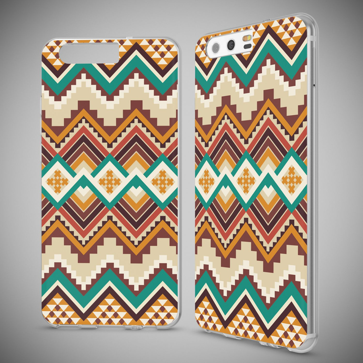 Handyhüllen mit geometrischen Zickzackmustern in Beige, Braun und Türkis. Die Hüllen befinden sich auf grauem Hintergrund.