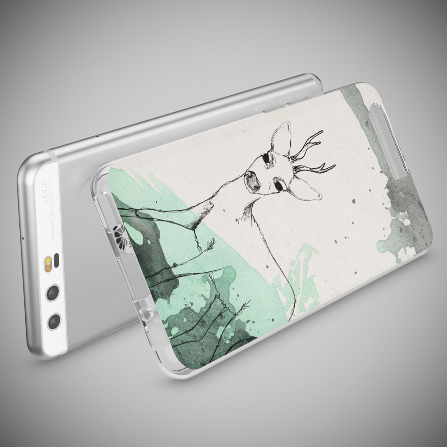Telefon mit Hirschzeichnung auf der Hülle. Das Telefon ist silberfarben. Die Hülle ist transparent.