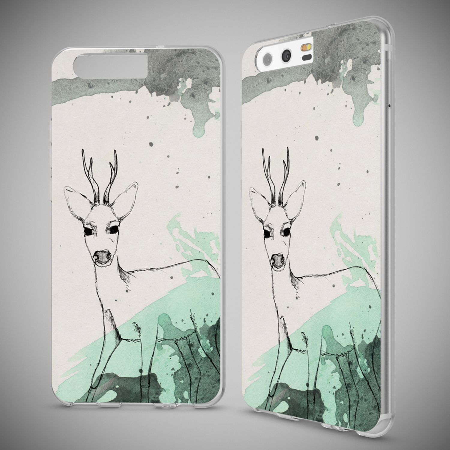 Ein Telefon in einer transparenten Hülle mit einer Hirschillustration auf einem Aquarellhintergrund.