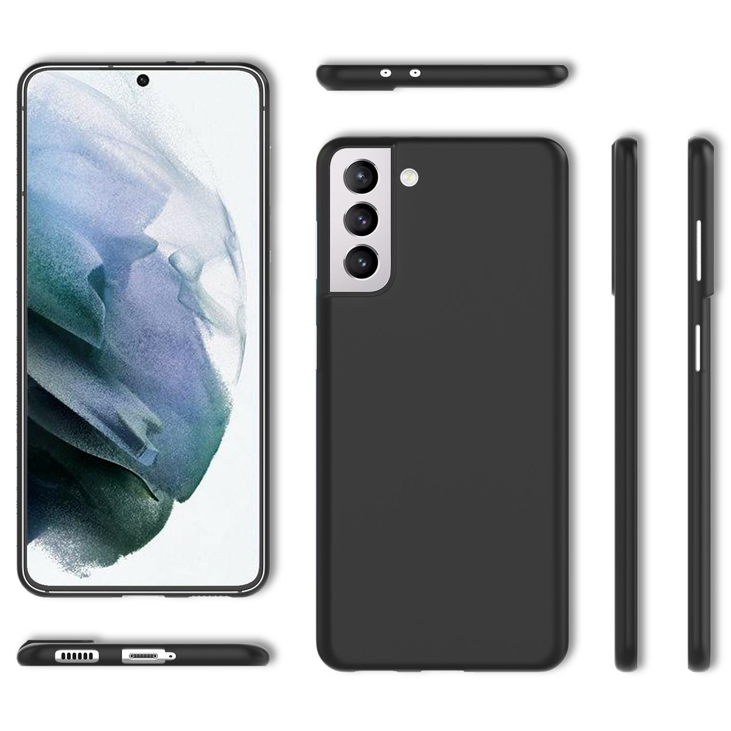 Ein schwarzes Smartphone mit Bildschirm und Kamera, mit Hüllen in verschiedenen Ansichten.