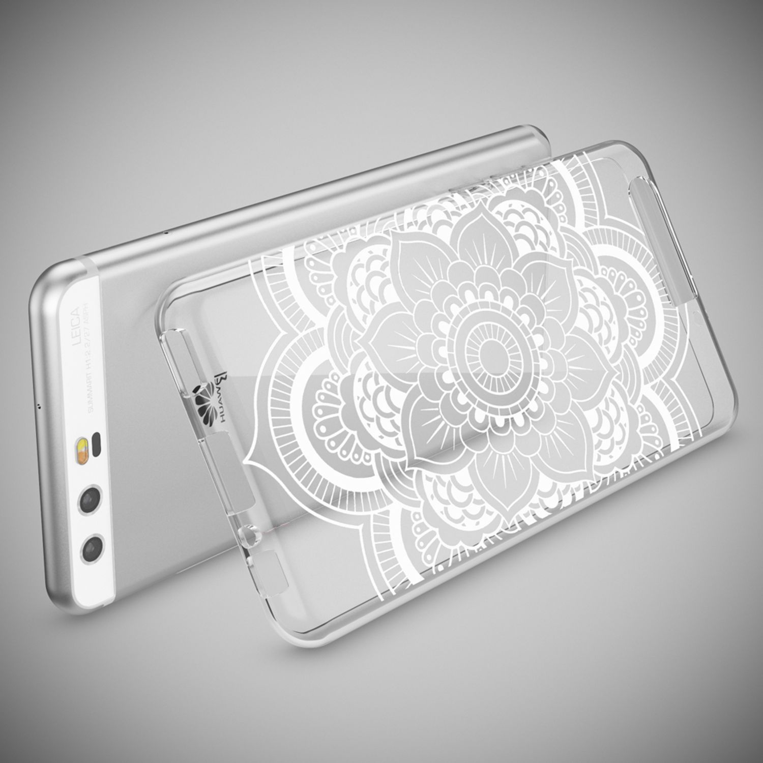 Transparente Handyhülle mit weißem Mandala-Design über dem Telefon.