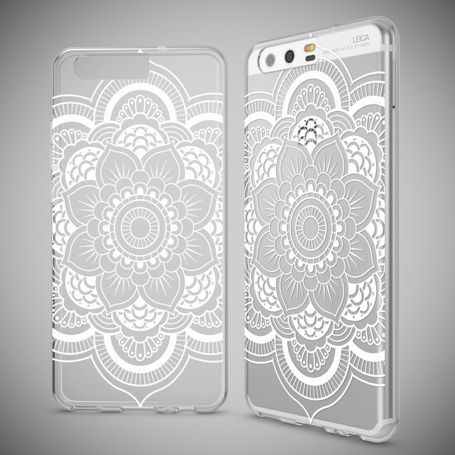 Handyhülle mit weißem Mandala-Design. Das Telefon ist transparent.