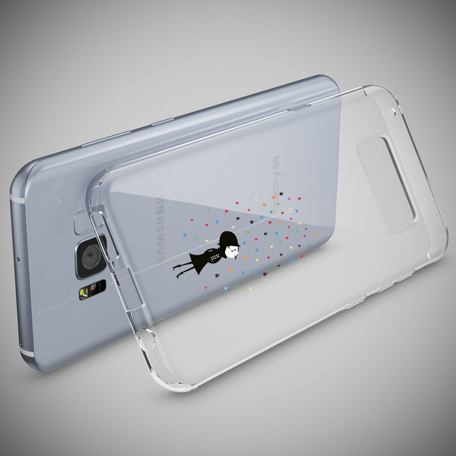 Ein Telefon in einer durchsichtigen Hülle, mit Cartoon-Frau und Herz-Design.