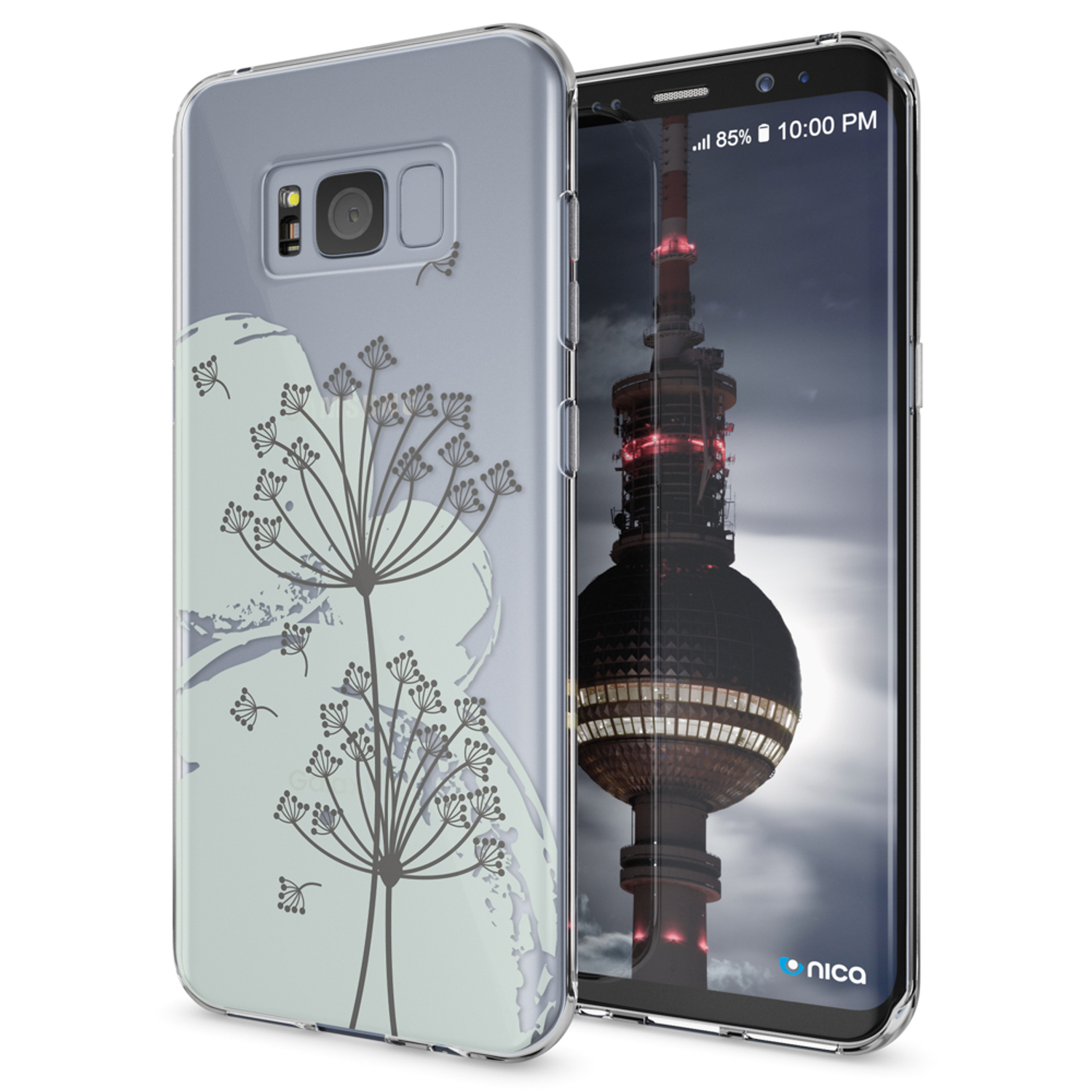 Funda de teléfono con un patrón floral azul claro. El teléfono muestra un paisaje urbano.