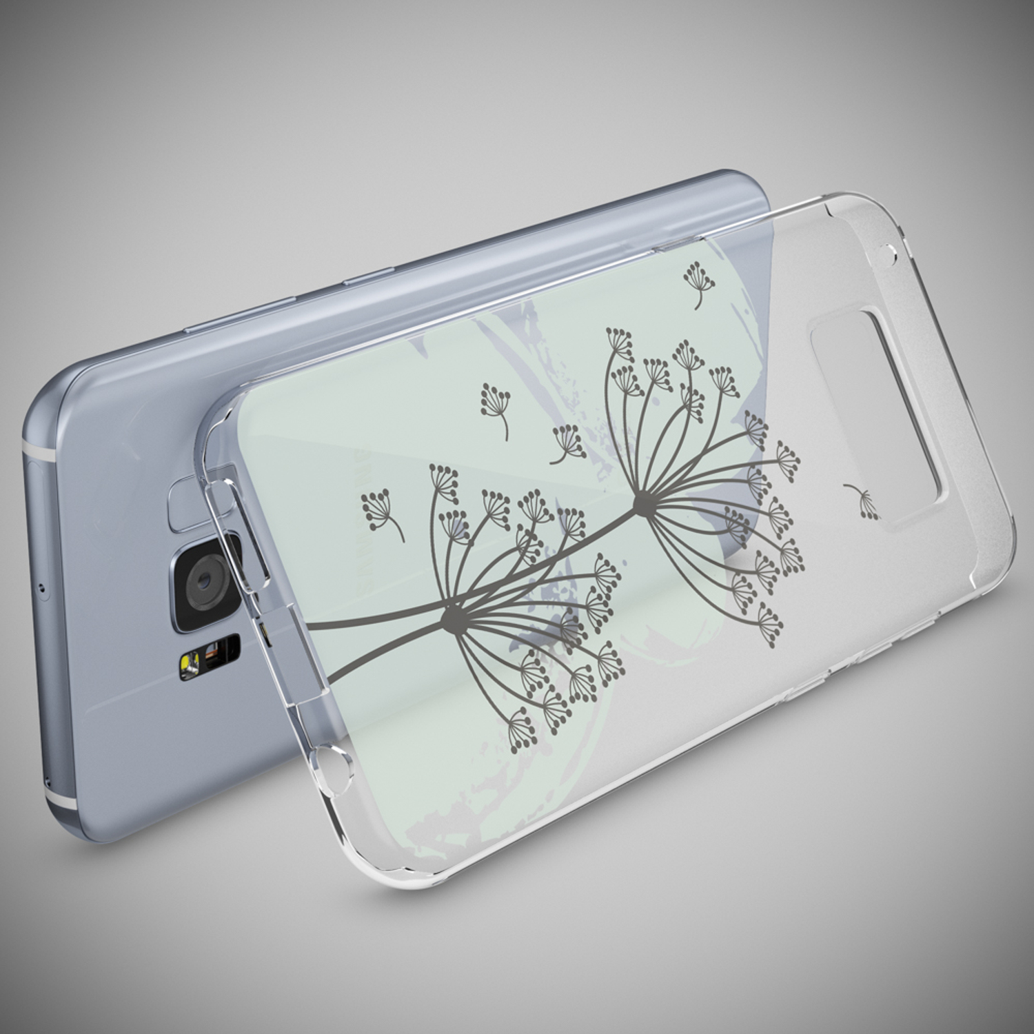 Teléfono con funda transparente con diseño de diente de león sobre fondo verde claro.