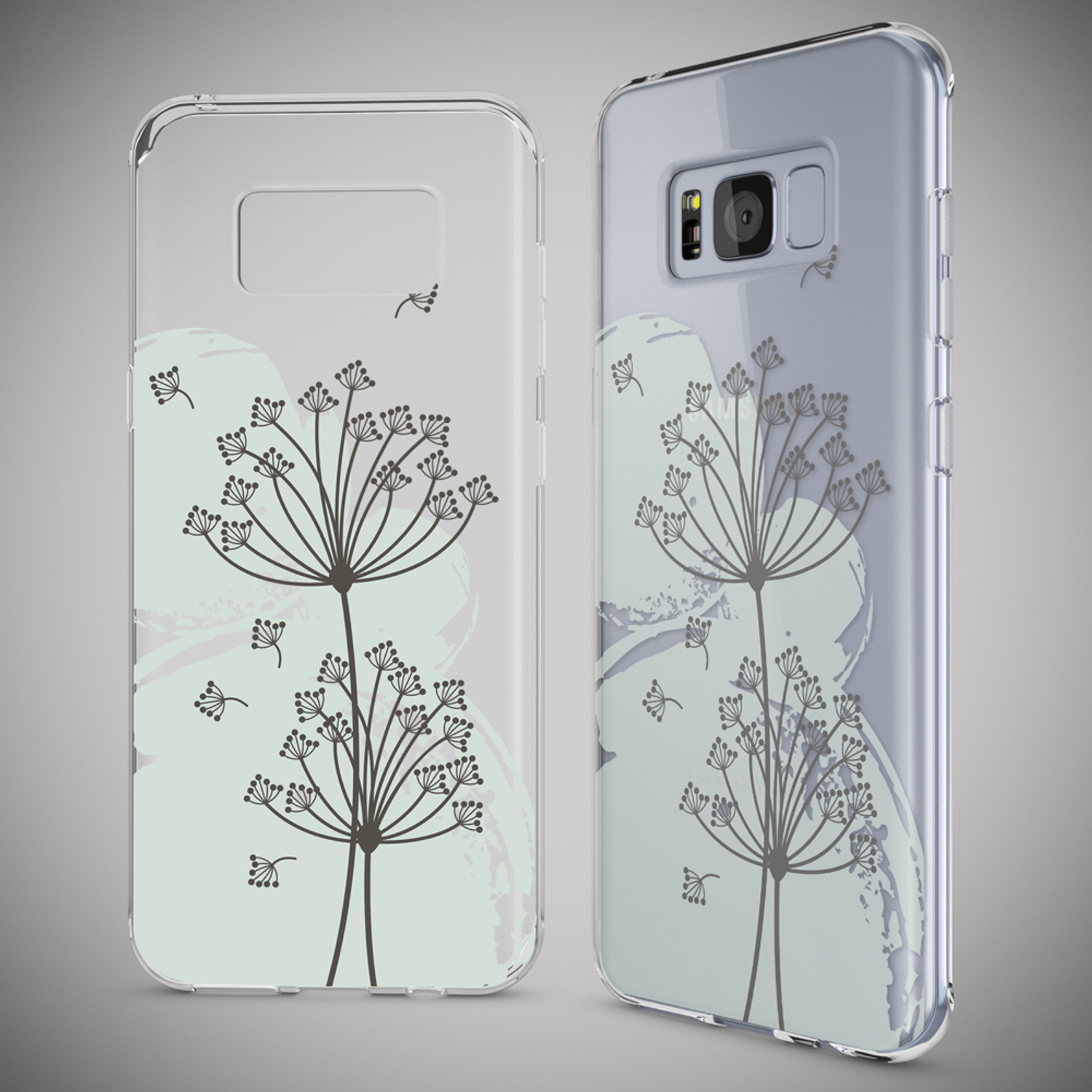 Fundas de teléfono con un diseño floral; una funda está en un teléfono.