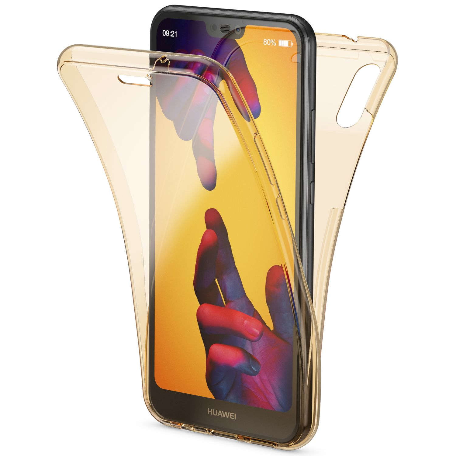 Goldene Handyhülle mit einem Telefon darin. Das Telefon zeigt ein Bild von Händen.
