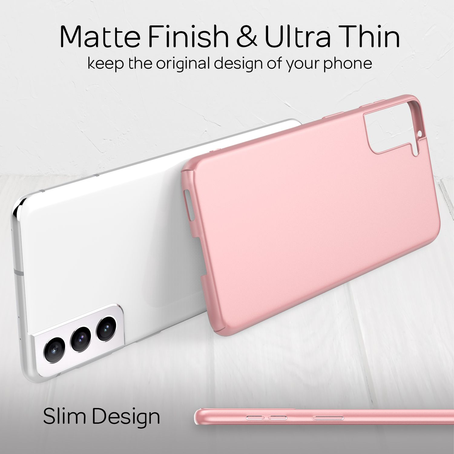 Zwei Telefone und eine Hülle. Ein Telefon ist weiß, das andere rosa. Die Hülle ist rosa und liegt auf einer weißen Oberfläche.