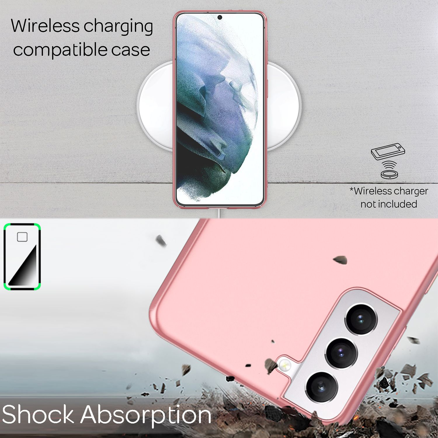 Telefon auf kabellosem Ladegerät. Pinke Handyhülle. Die Hülle zeigt Stoßabsorption. Weißer Hintergrund.